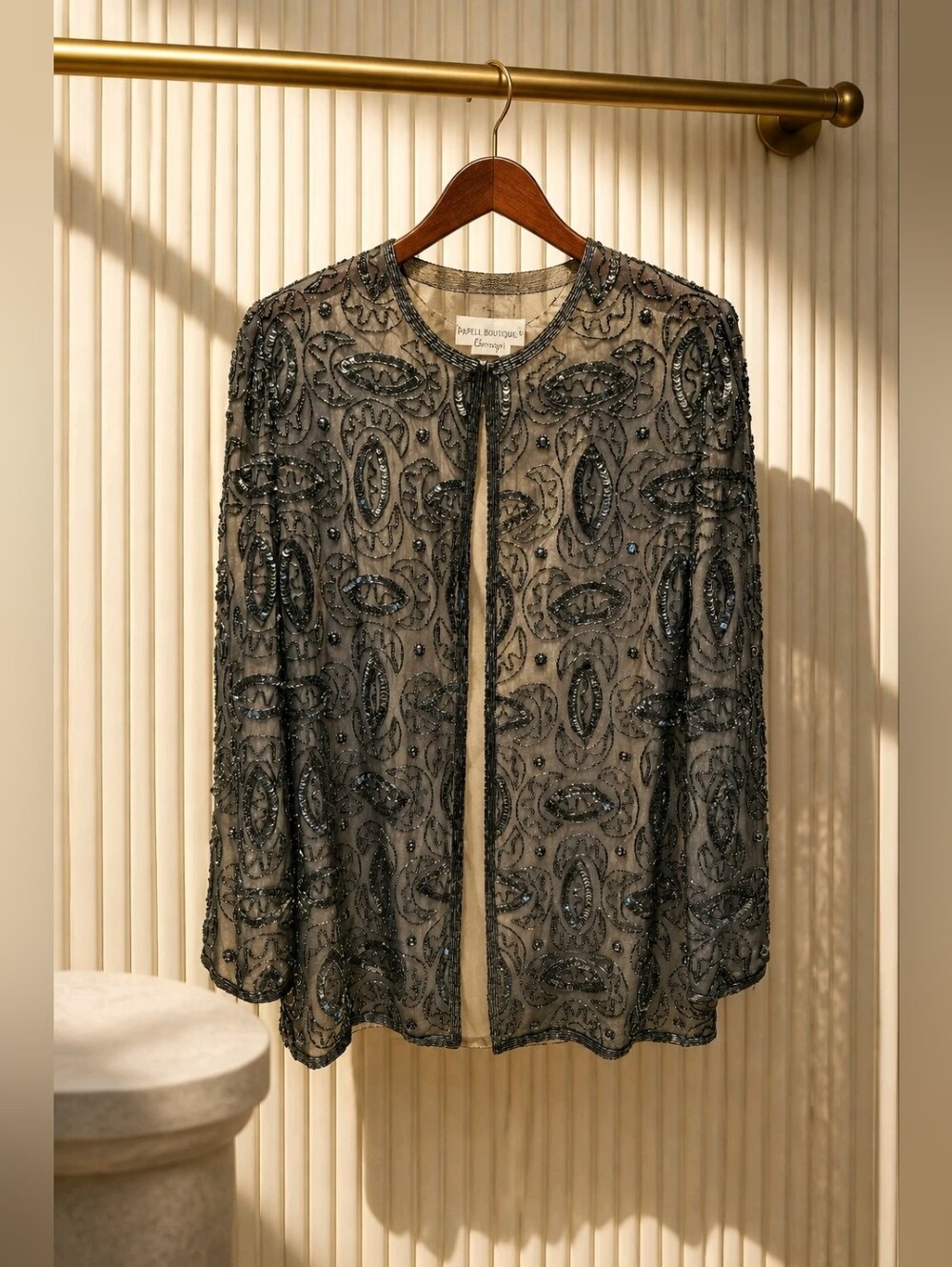 Vintage Papell Boutique Beaded Sheer Black Evening Jacket Lined Beautiful Sz Med